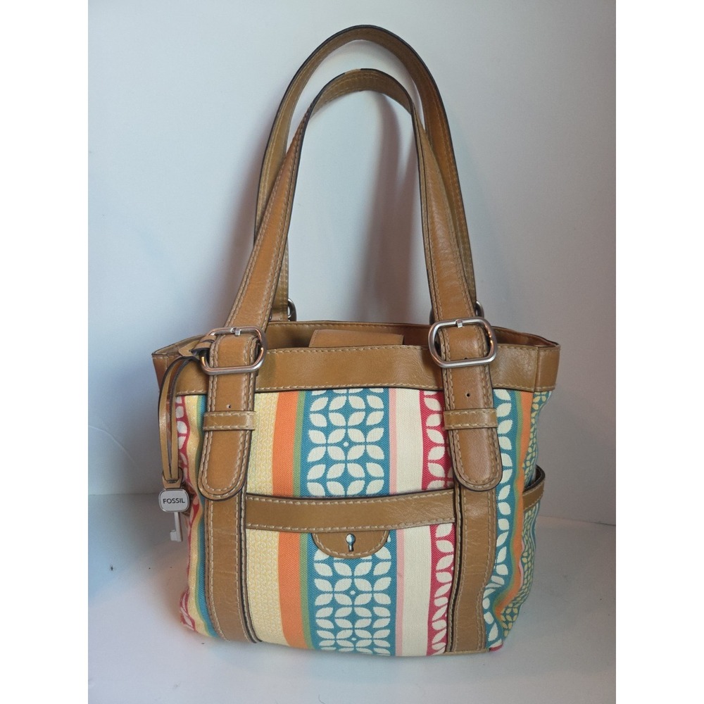 FOSSIL Floral Canvas‎ Leather Tote Shoulder Bag Hobo Boho Key Blue Pink Y2K